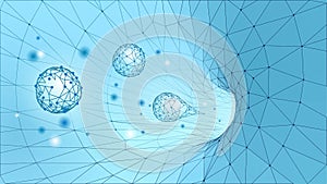 3D black hole render. Physics sci-fi gravity particles universe black matter. Dark blue triangle low poly science