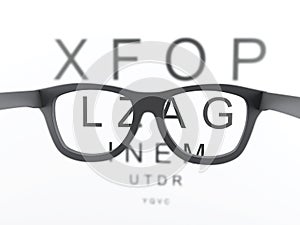3d Black reading glasses focus on eye chart