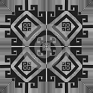 3d black and white striped halftone seamless pattern. Tribal squares background. Ancient style greek key meanders