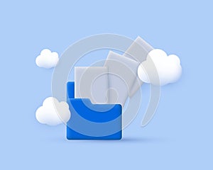 3d blue computer icon folder flying blank documents