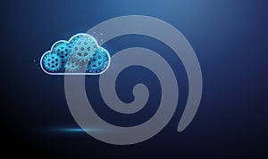 3d blue data cloud with gears. Cloud computing, system automation, digital workflow, technology optimization, process