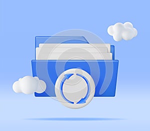 3D Blue Folder in Clouds with File Sync Icon
