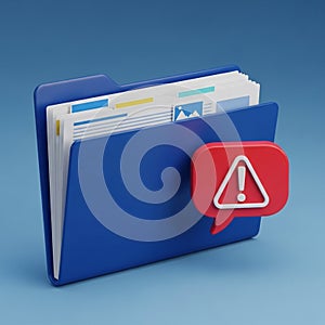 3D Blue Folder with Documents and Red Alert Notification Icon files