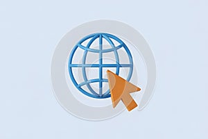3D Blue Globe with Orange Cursor Icon on Light Blue Background