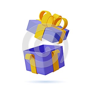 3d blue open gift box with yellow ribbon bow isolated on a white background. 3d render flying modern holiday open.