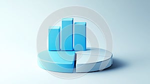 3D blue pie chart and bar graph on light background, minimalist business analytics and data concept. Generative AI