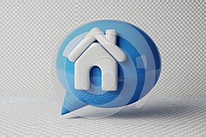 3D Blue Speech Bubble with White House Icon on Transparent Background