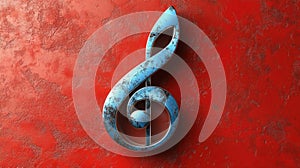 3d blue treble clef isolated on red background. Music note symbol.