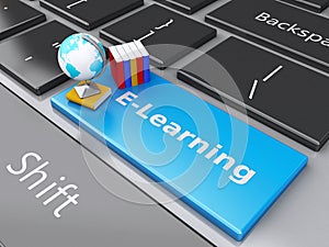 3d Books on the computer keyboard. Online Education concept.