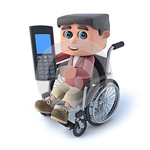 Trojrozměrný chlapec v invalidní vozík chatování na jeho mobil 