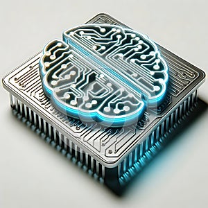 3D brain chip icon with glowing lines, clean tech style
