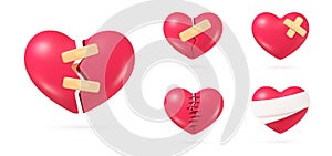 3d broken hearts. Injury healing heart, couple separation hurt divorce wound love or romantic relationship break concept