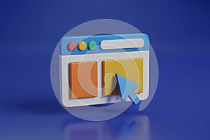 3D Browser Window with Cursor and Colorful Elements on Blue Background