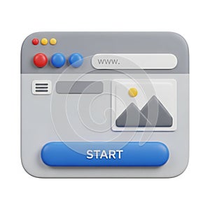 3D Browser Window Interface with Search Bar and Start Button on White Background internet