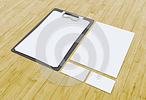 3d Business cards and blank notepads on wooden table.