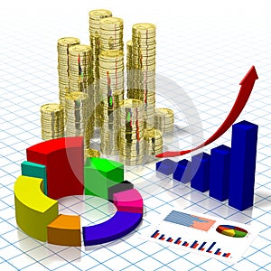 3D business chart illustration, money, grid in background