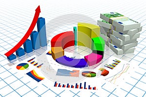 3D business chart illustration, grid in background