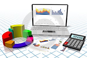 3D business chart illustration, grid in background