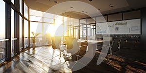 3D Business Pension Planning Office Featuring Meeting Table, Charts, and Sunlight Through Windows photo