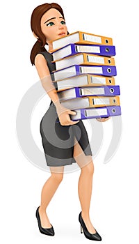 3D Business woman loading with many ring binders. Work overload