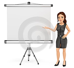 3D Business woman with a blank projector screen