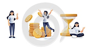 3D business woman is raising her hand and explaining. She is standing near stack of coins and looking at her hourglass