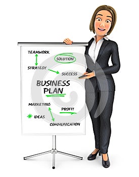 3d business woman writing business plan on paperboard