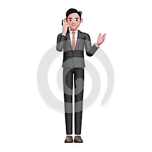3d businessman in black formal suit make a call with a cell phone with open hand gesture