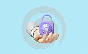 3d businessman hand holding padlock, key icon with password insecure isolated on blue background. security data protection,