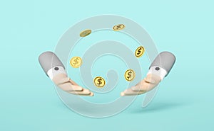 3d businessman hands with flying dollar coin isolated on blue background. saving money wealth business concept, 3d render