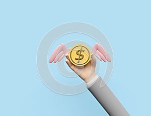 3d businessman hands holding flying dollar coin wings isolated on blue background. saving money wealth business concept, 3d render