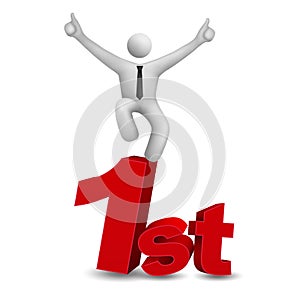 3d businessman jumping on word 1st