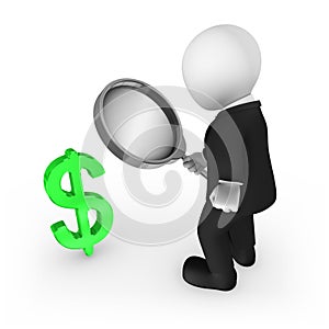3d businessman with magnifying glass looks at dollar symbol