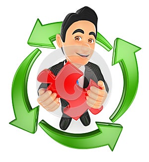 3D Businessman with a puzzle piece and green arrows around. Reusing ideas photo