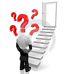 3D businessman, question marks, steps, door