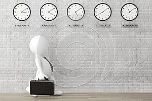 3d Businessman running with a Briefcase in front of Time Zone Cl