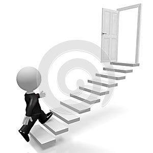 3D businessman walking up a stairs, open door