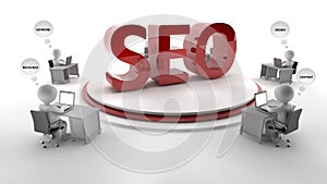 3d Businessman working desk SEO process.