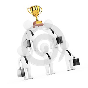 3d Businessmans Team Character Pyramid with Golden Trophy Shows