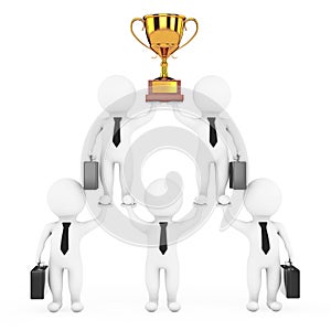 3d Businessmans Team Character Pyramid with Golden Trophy Shows