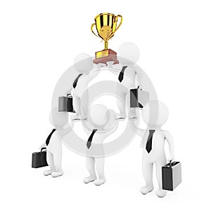 3d Businessmans Team Character Pyramid with Golden Trophy Shows