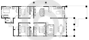 2D CAD house layout plan drawing with 3 bedrooms complete with 2 bathrooms, balcony, furniture, kitchen, living room and furniture