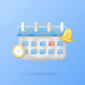 3D calendar icon. Event time schedule. Clock and notice bell. Date notification or reminder. Agenda planning. Alert