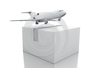 3d Carboard boxes with airplane. Delivery concept.