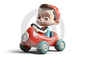 3D cartoon baby in a toy car isolated on white background.