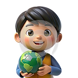 3D cartoon boy and girl standing and holding a globe