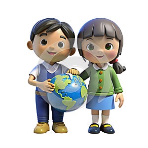 3D cartoon boy and girl standing and holding a globe