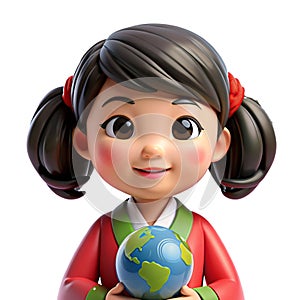 3D cartoon boy and girl standing and holding a globe