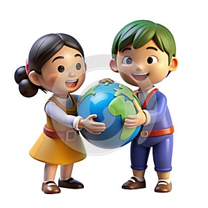 3D cartoon boy and girl standing and holding a globe