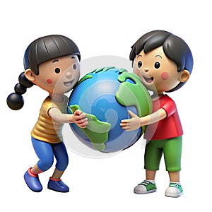 3D cartoon boy and girl standing and holding a globe